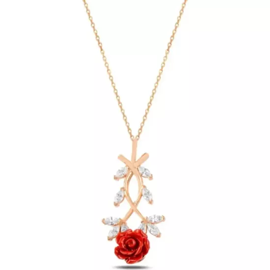 Zirkon Taşlı Rose Gül Çiçeği Model 2 Kadın Gümüş Kolye