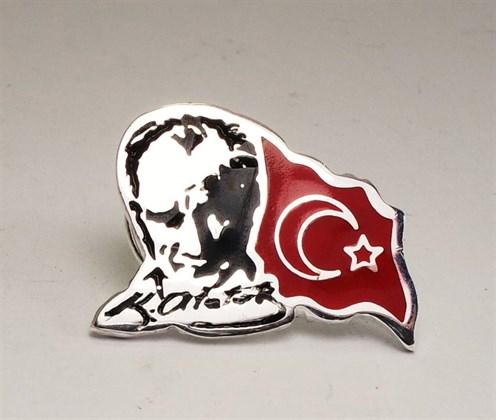 Atatürk İmzalı Siluetli Ve Bayraklı Gümüş Rozet Yaka İğnesi Mineli Model