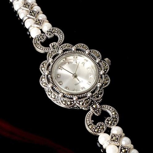 Linda İnci ve Markazit Taş Detaylı Bayan Gümüş Saat