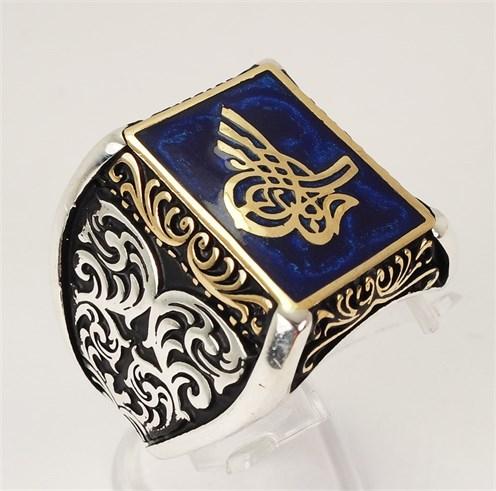 Osmanlı Tuğralı Mavi Mineli Gümüş Erkek Yüzüğü