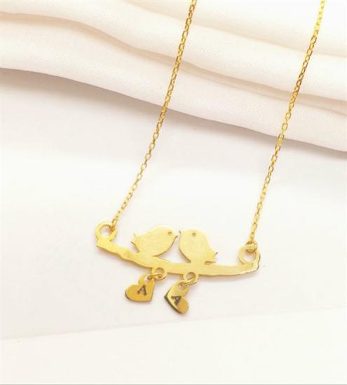 18 Ayar Gerçek Altın Kaplama Kararmayan Kadın Dalda Çifte Kuş Model 1 925 Ayar Gümüş Kolye (14 Şubat Sevgililer Günü Hediyesi)