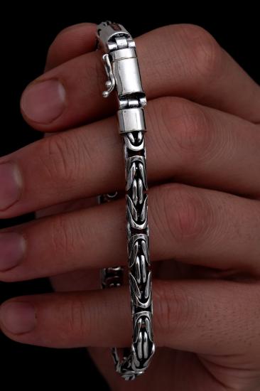 Erkek Gümüş Bileklik - 6 mm Özel Kilit Tasarımlı Yuvarlak Kesim Kral Model Gümüş Bileklik