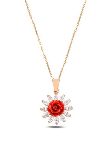 Zirkon Taşlı Rose Gül Çiçeği Model 1 Kadın Gümüş Kolye Gklglcckmd1-ros