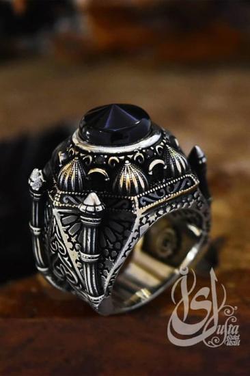 İslam Usta Tasarımı Siyah Kubbe Model Gümüş Erkek Yüzük GYZISLMSTM6-GMS